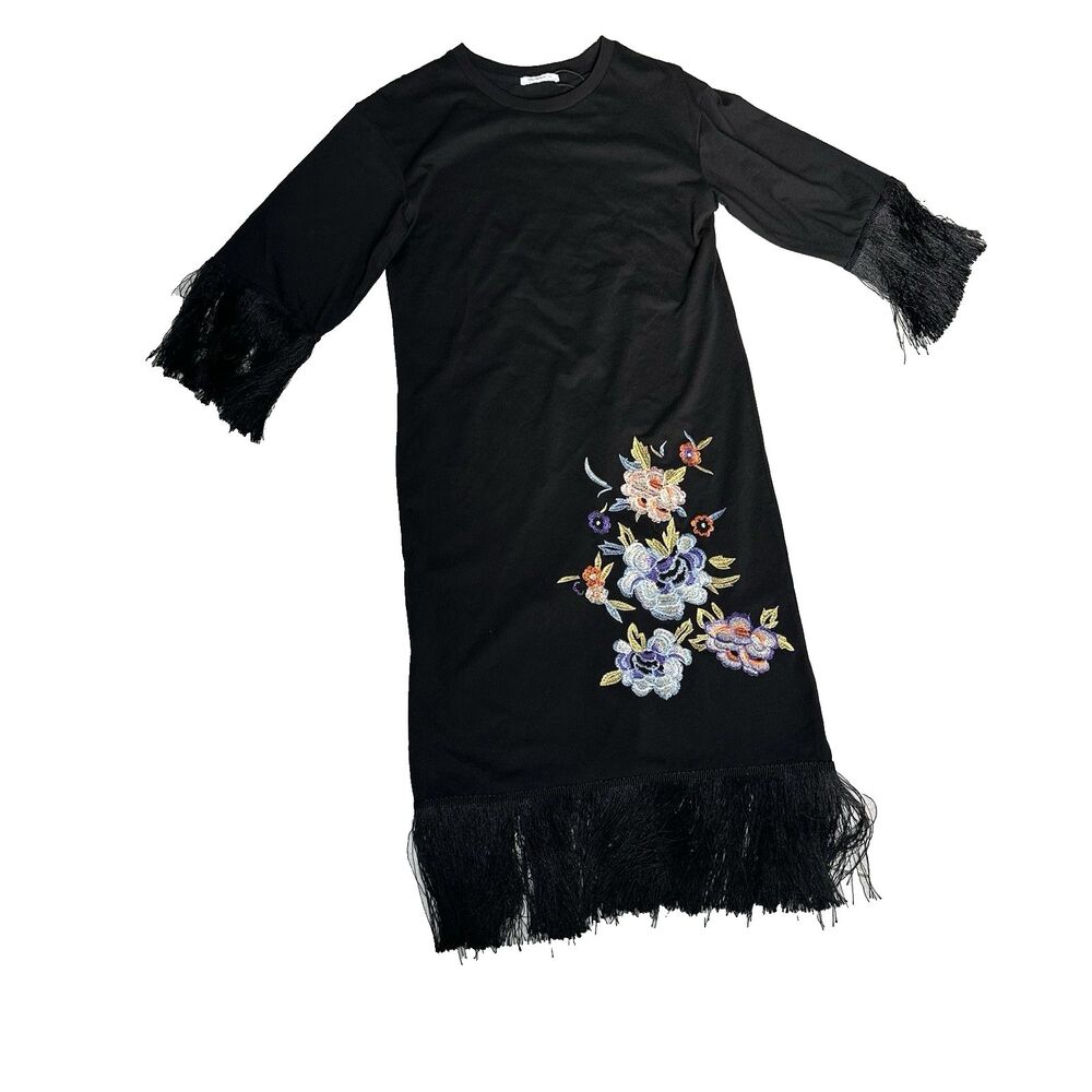 Zara Trafaluc Embroidered Floral Fringe Maxi Black Women's Size Medium Artsy
